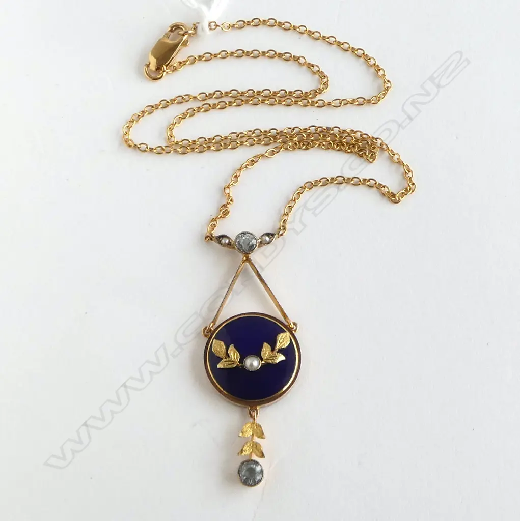 9CT ENAMEL AQUAMARINE AND SEED PEARL PENDANT on gold filled chain 40cm Image 1++