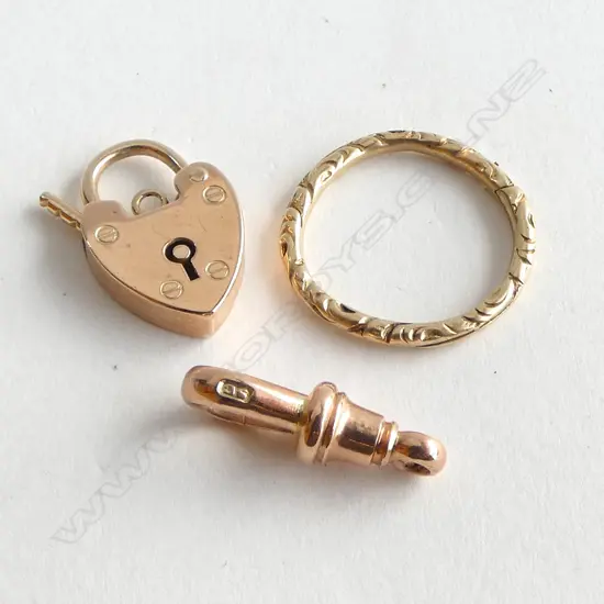 9CT GOLD HALLMARKED PADLOCK/9CT GOLD SWIVEL CLIP/9CT GOLD ENGRAVED SPLIT RING 5gm