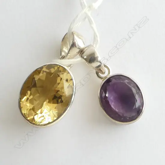 2 SILVER SET PENDANTS; CITRINE & AMETHYST