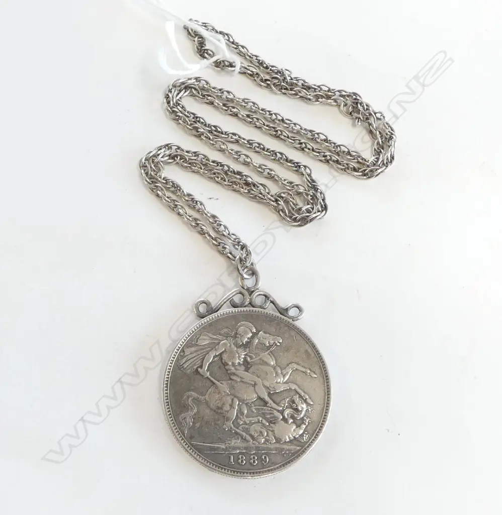 QUEEN VICTORIA 1889 SILVER CROWN PENDANT  on SILVER CHAIN, L.60cm, 40.5gm Image 1++