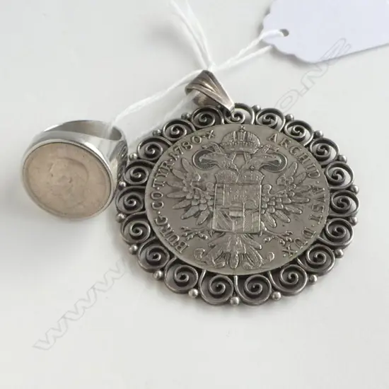 LARGE SILVER COIN PENDANT AND SILVER COIN RING