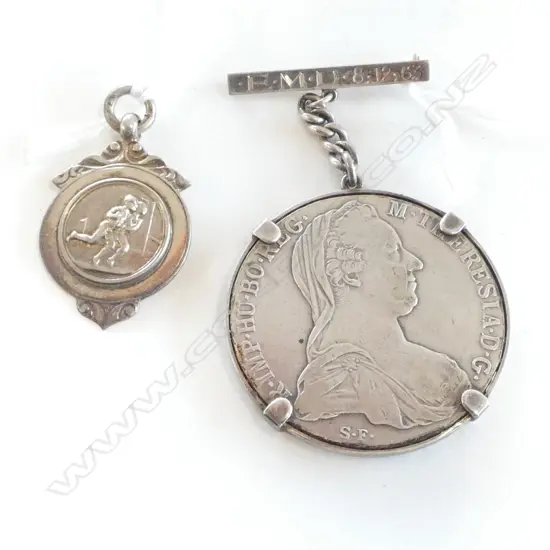 VINTAGE AUSTRIAN MARIA THERESA THALER COIN BROOCH, 33.45gm & SILVER ATHLETICS MEDALLION, BIRM.1927, 5.85gm