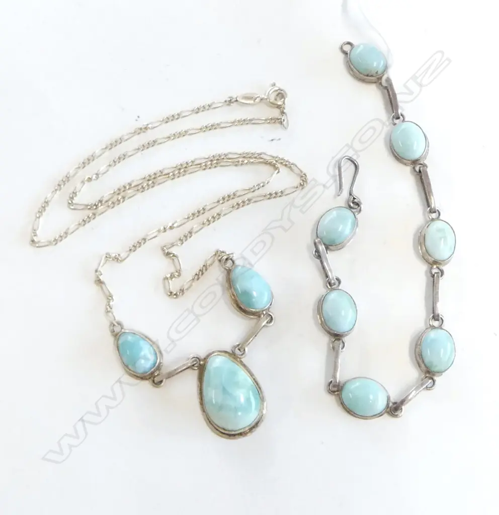 BLUE AGATE & SILVER NECKLACE L.485mm & BRACLET SET  Image 1++