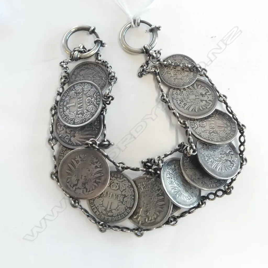 VINTAGE SILVER COIN TRIBAL CHAIN made of late 19thC 1  Mark German coins, L.300mm, 87gm Image 1++