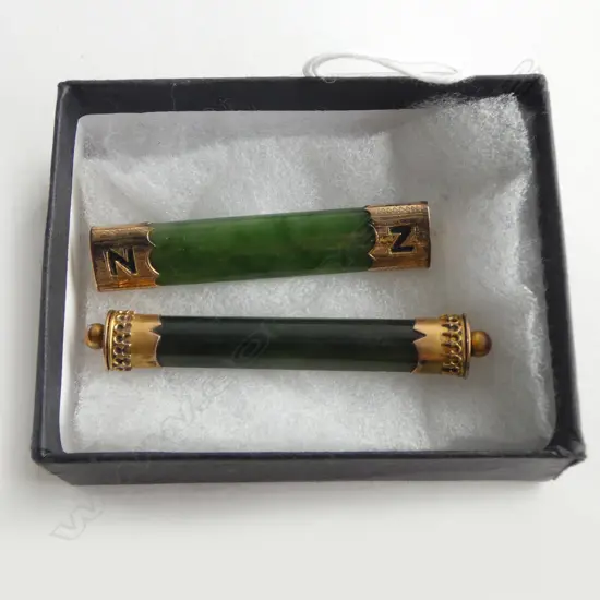 TWO COLONIAL 9CT GOLD AND POUNAMU BROOCHES