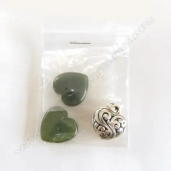 3 PENDANTS; 2 POUNAMU & SILVER HEART  