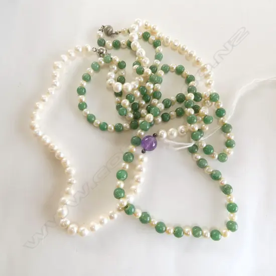 2 FRESH WATER PEARL NECKLACES, CHRYSOPRASE w SILVER CLASP, L820mm & AMETHYST BEAD, L400mm
