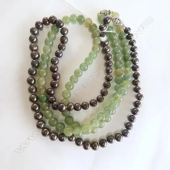2 NECKLACES; JADE BEADS, BLACK PEARL