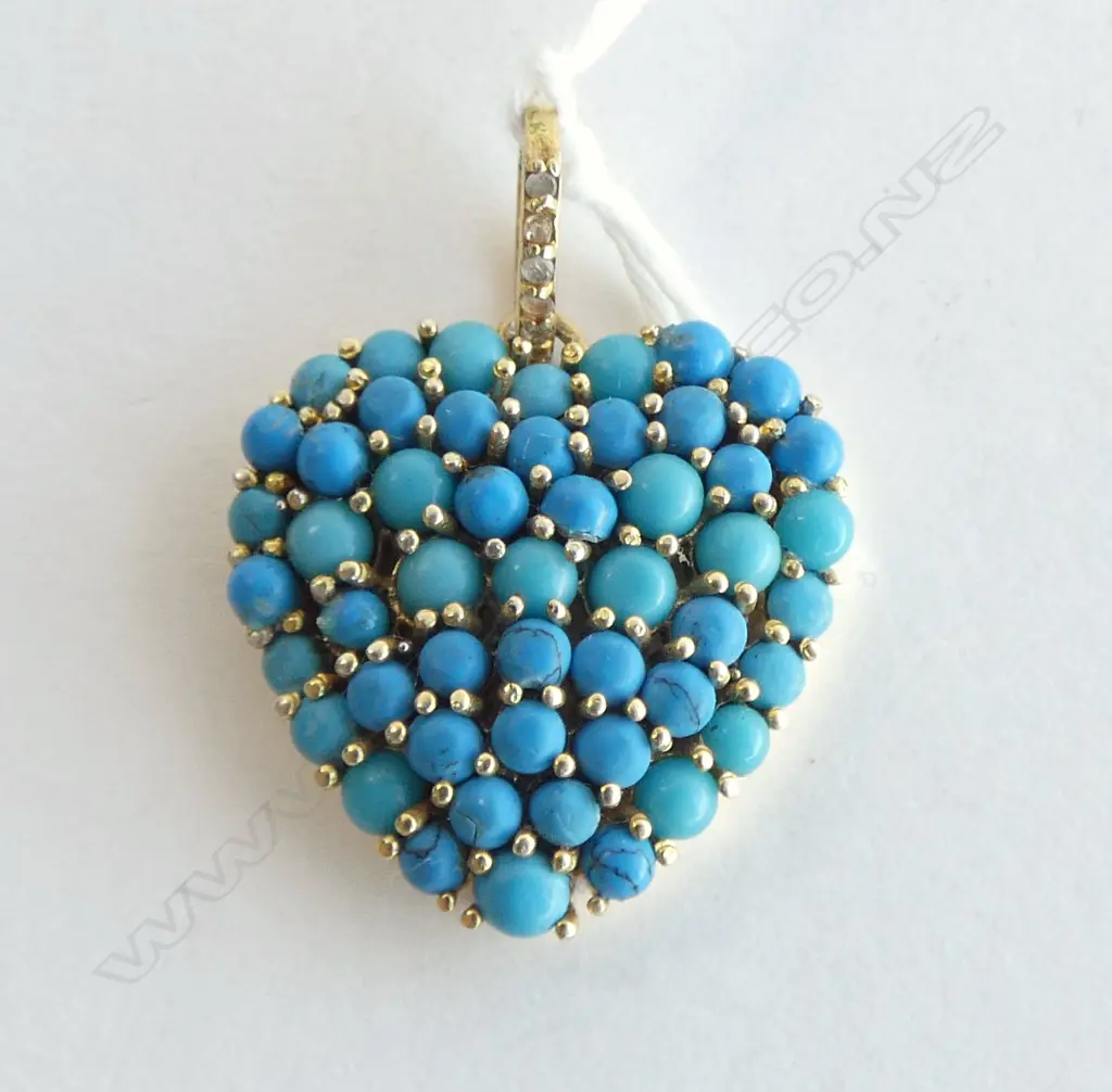 TURQUOSE & GOLD PLATE HEART PENDANT (small rose cut diamonds in bail) Image 1++