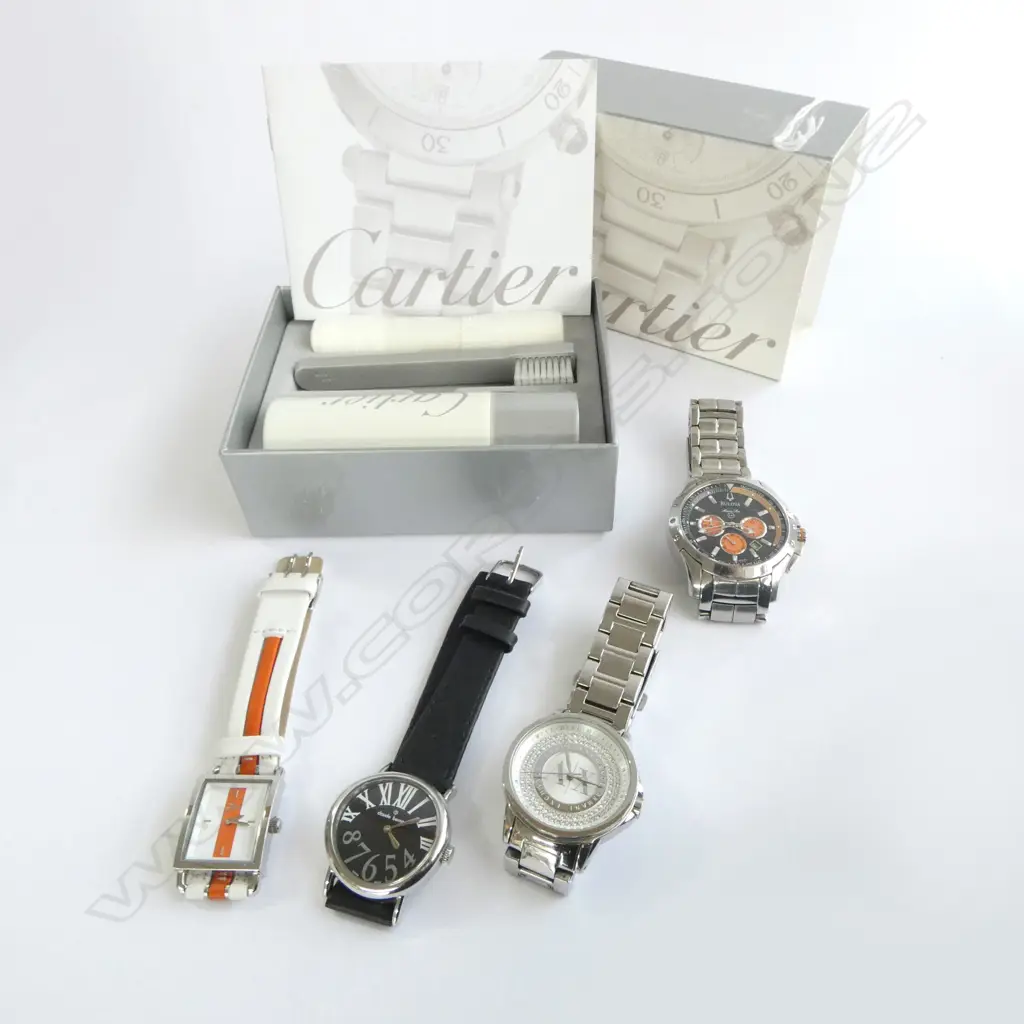 4 FASHION WRIST WATCHES; LACOSTE, BULOVA AF, ARMANI EX, CLAUDE BERNARD + CARTIER CLEANING KIT Image 1++