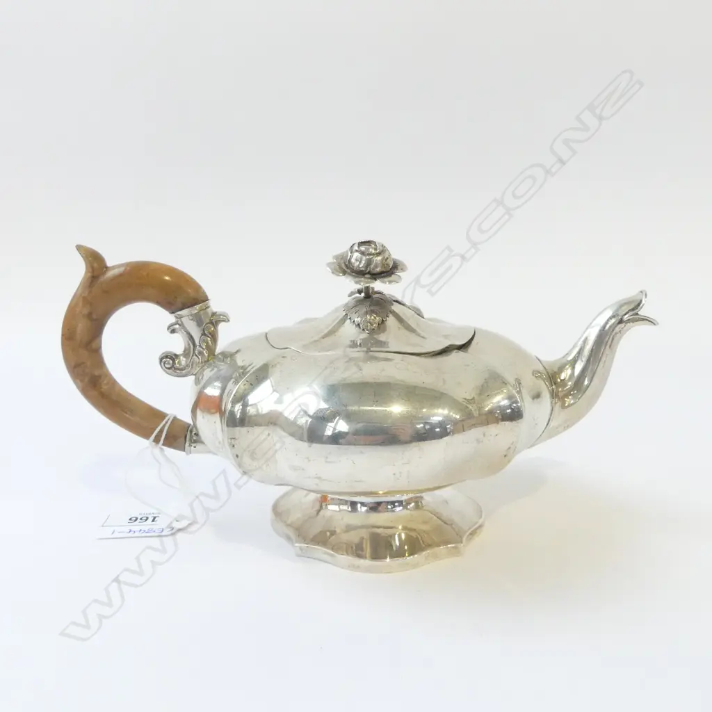 ELEGANT FRENCH  SILVER TEAPOT w. rose finial & turned wood handle, 437GMS Image 1++