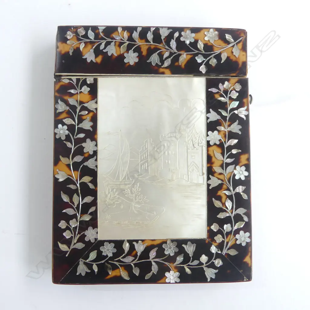 VICTORIAN TORTOISESHELL & MOP CARD CASE 105 X 80mm. Engraved coastal castle scene Image 1++