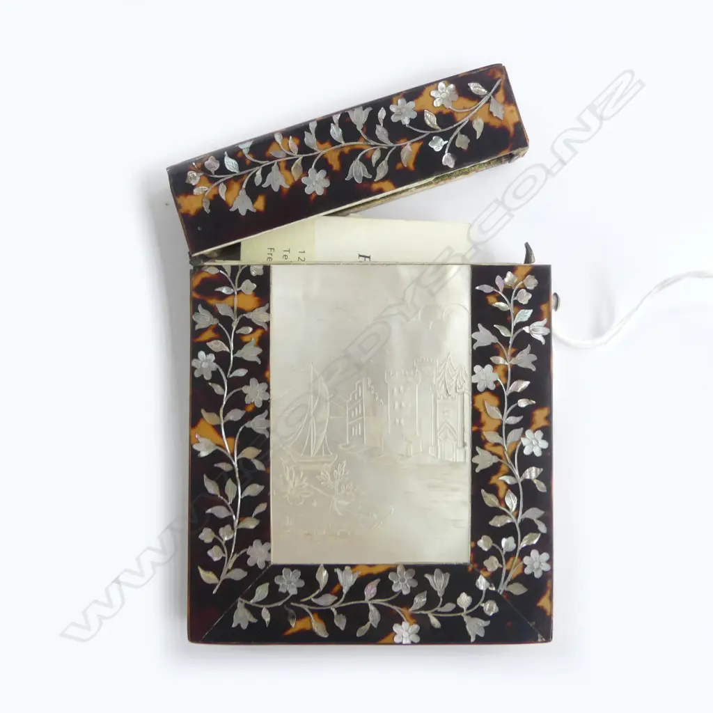VICTORIAN TORTOISESHELL & MOP CARD CASE 105 X 80mm. Engraved coastal castle scene Image 1++