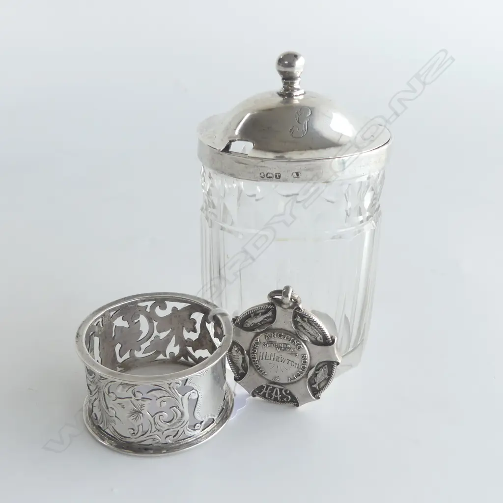 STG SILVER 'HIGHBURY ANGLING SOCIETY' MEDAL 1914 + STG SILVER NAPKIN RING (TOTAL 50.30gms)+ STG RIMMED CUT CRYSTAL JAR Image 1++
