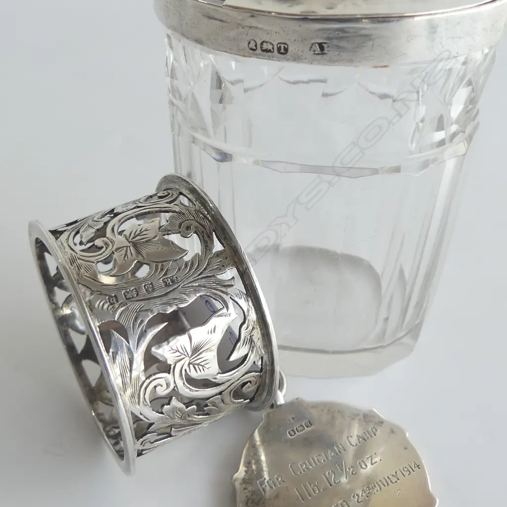 STG SILVER 'HIGHBURY ANGLING SOCIETY' MEDAL 1914 + STG SILVER NAPKIN RING (TOTAL 50.30gms)+ STG RIMMED CUT CRYSTAL JAR Image 1++