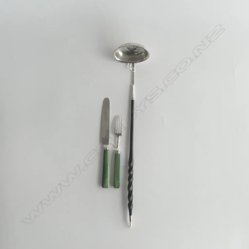 LG SILVER & BALEEN TODDY LADLE w. GEO. III ONE SHILLING COIN STAMP + S/S CHILDS KNIFE & FORK w. GREEN DECO STYLE HANDLES Image 1++