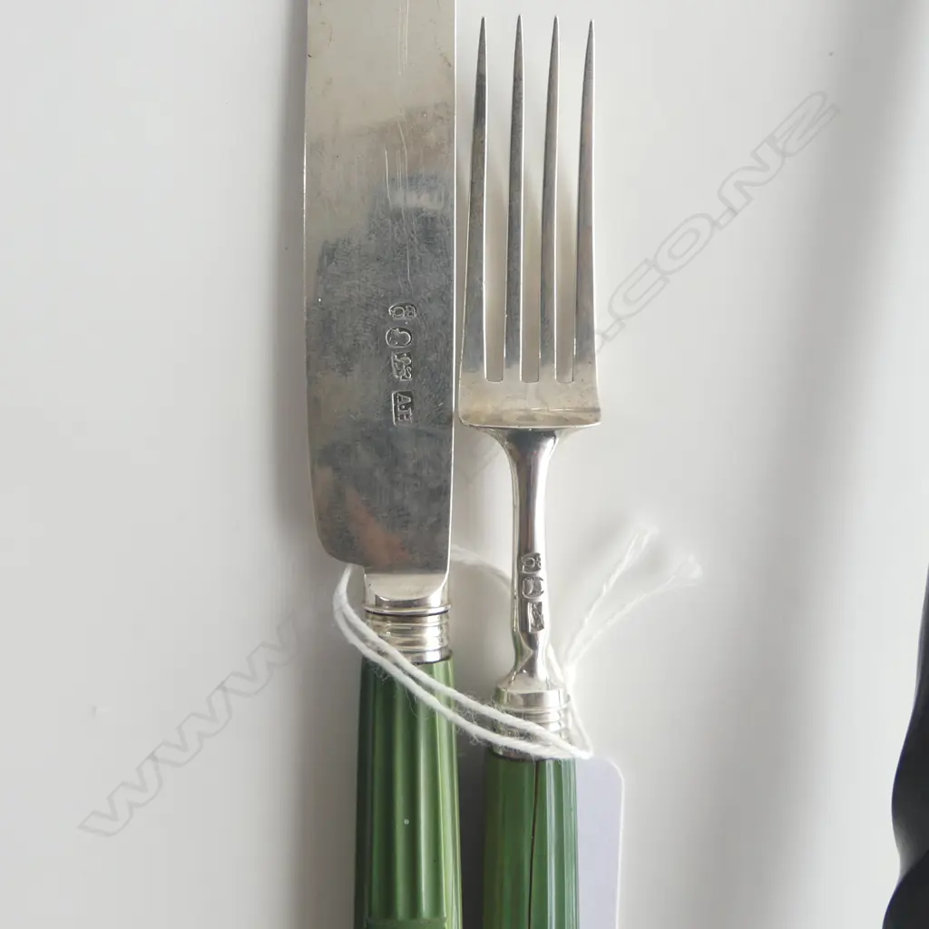 LG SILVER & BALEEN TODDY LADLE w. GEO. III ONE SHILLING COIN STAMP + S/S CHILDS KNIFE & FORK w. GREEN DECO STYLE HANDLES Image 1++