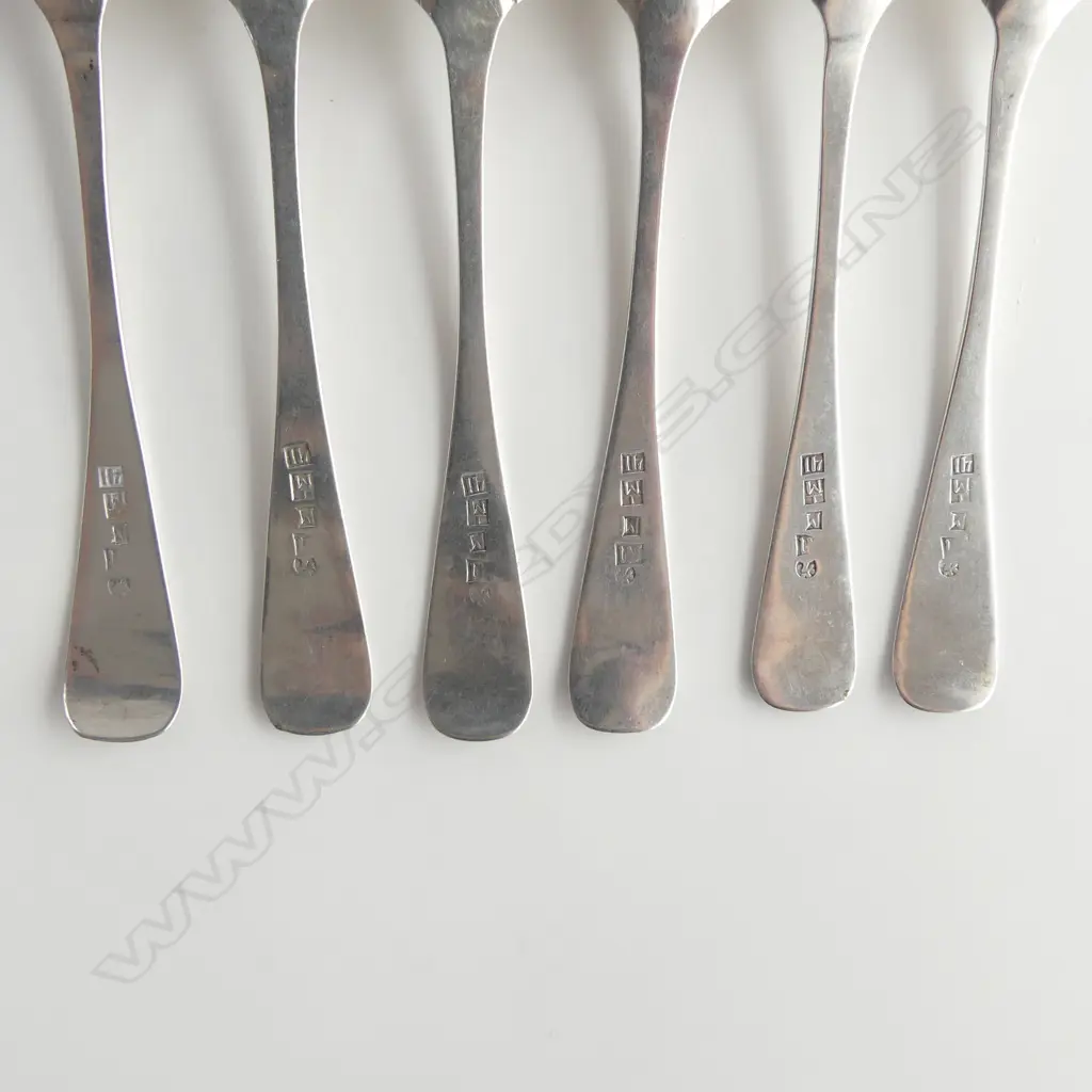 6 SILVER TEASPOONS, UNUSUAL MARKS, 87gms (SMALL FAULT TO ONE) Image 1++