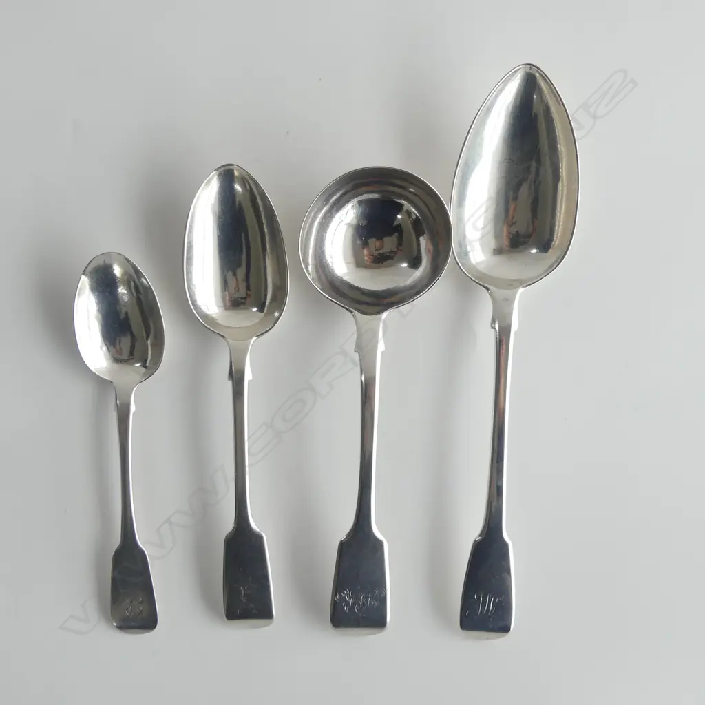 2 ANTIQUE FIDDLE PATTERN SILVER SPOONS + SILVER WMIV LADLE &  SILVER GEORGE IV SPOON, DUBLIN 1826; TOTAL 198gms Image 1++