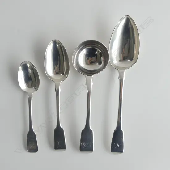 2 ANTIQUE FIDDLE PATTERN SILVER SPOONS + SILVER WMIV LADLE &  SILVER GEORGE IV SPOON, DUBLIN 1826; TOTAL 198gms