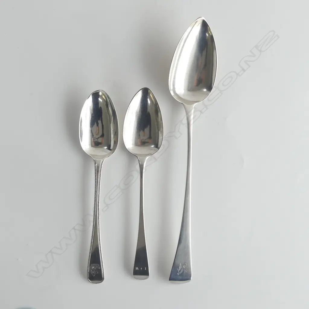 GEORGIAN SILVER PIE SPOON, LONDON 1809 + 2 ANTIQUE SERVING SPOONS; TOTAL 222gms Image 1++