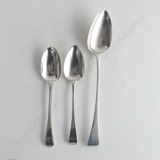 GEORGIAN SILVER PIE SPOON, LONDON 1809 + 2 ANTIQUE SERVING SPOONS; TOTAL 222gms