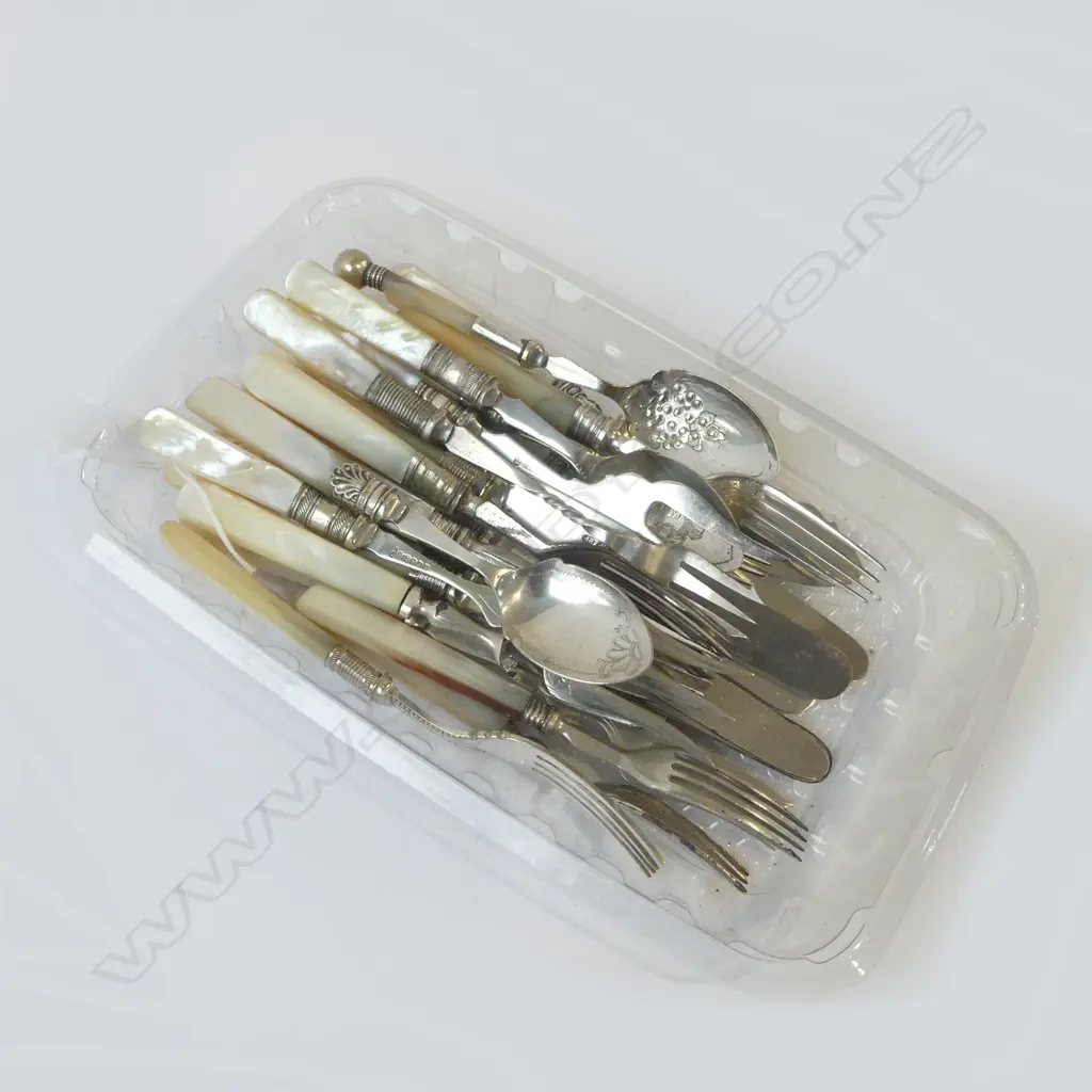 21PCS ANTIQUE MOTHER OF PEARL CUTLERY KNIVES FORKS SPOONS PICKLE/BREAD FORKS Image 1++