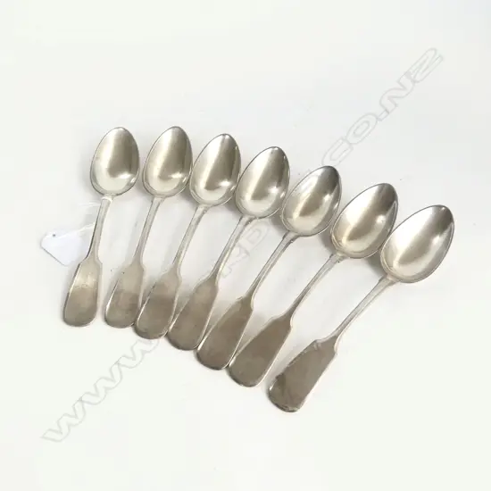 7 'ALPACA SILVER' & OTHER MAKER'S MATCHING SET NICKLE TABLE SPOONS. Fiddle pattern