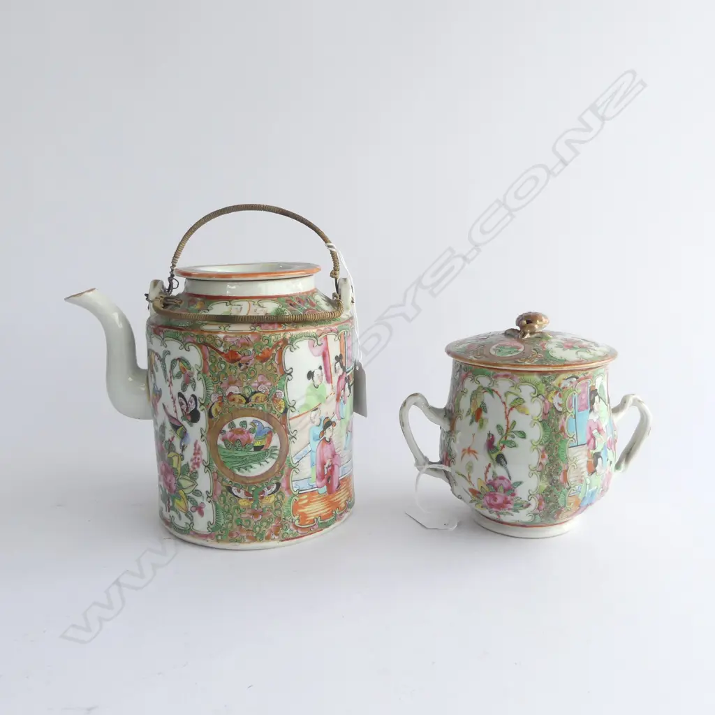 19thC Chinese Canton famille rose enamelled TEA POT + LIDDED TWO HANDLED 'MUG' (lidded porringer) Image 1++