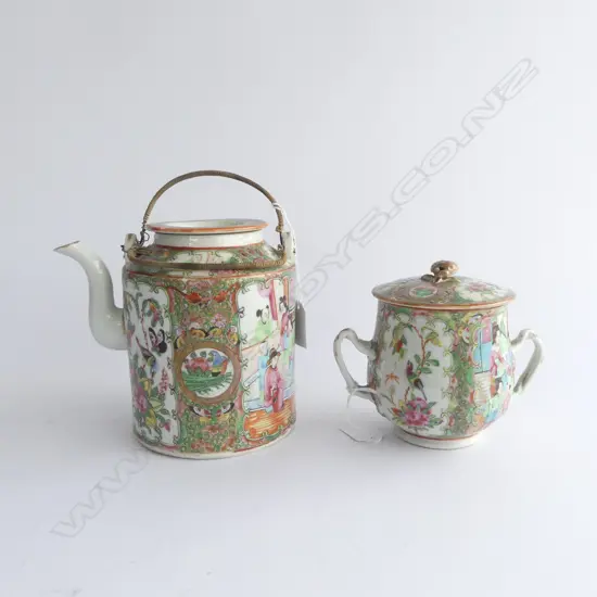 19thC Chinese Canton famille rose enamelled TEA POT + LIDDED TWO HANDLED 'MUG' (lidded porringer)