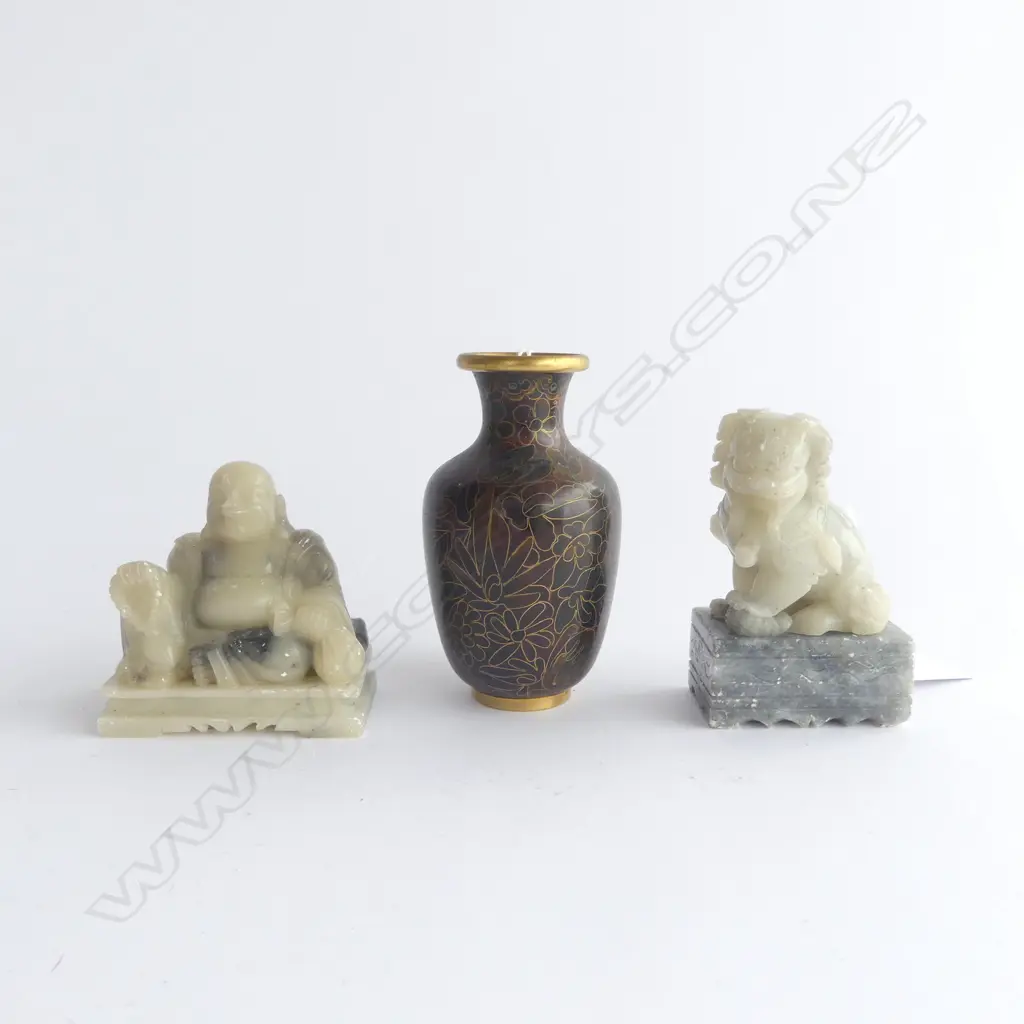 2 CHINESE CARVED STONE FIGURES + CLOISONNE VASE H.110mm Image 1++