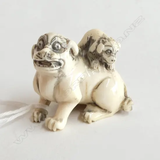 IVORY NETSUKE SHISHI LION FIGURE GROUP, SIGNED