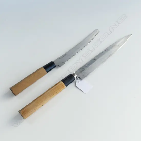 2 VINTAGE JAPANESE CHEFS KNIVES. SIGNED. LONGEST L.370mm for slicing sashimi