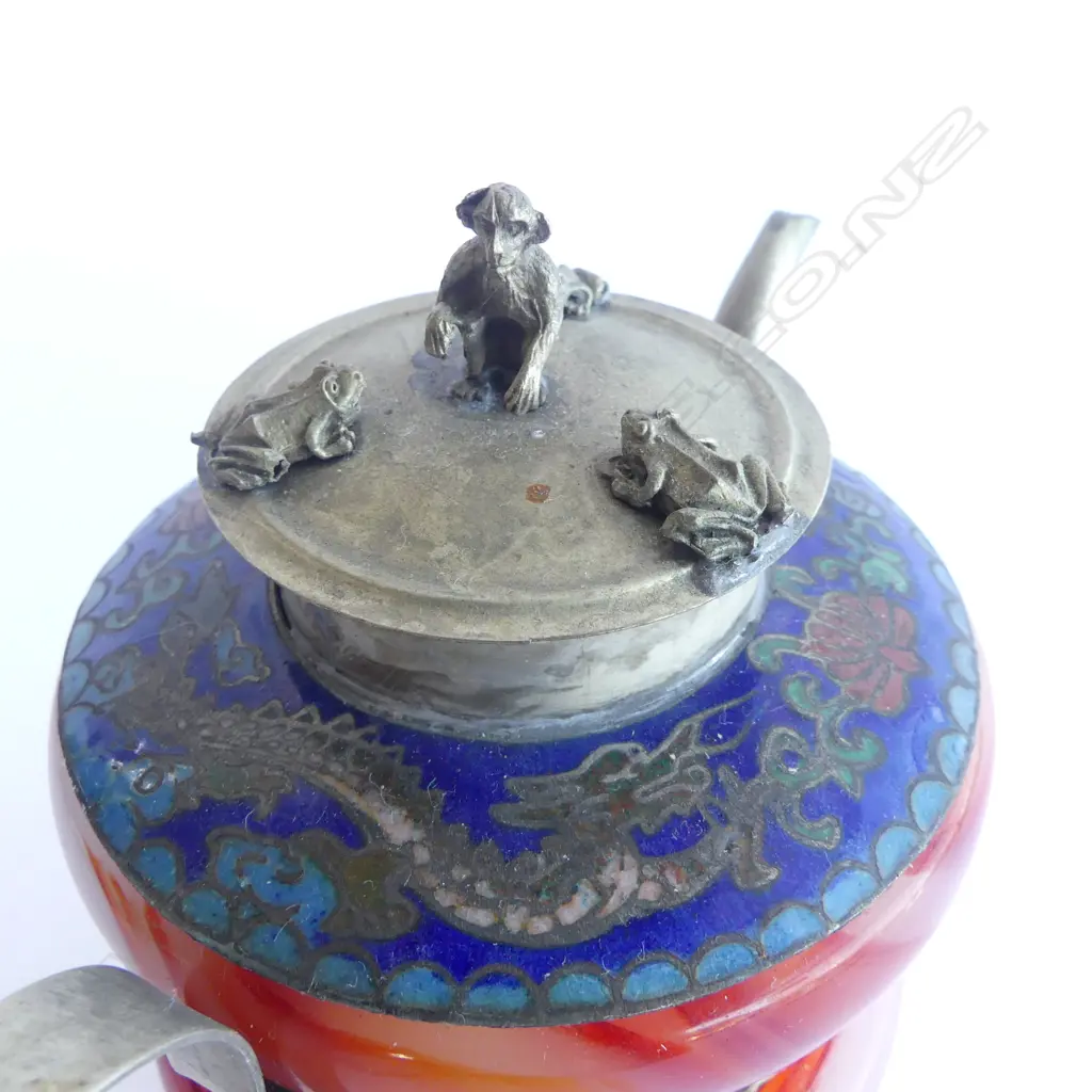 TIBETAN SILVER DRAGON MONKEY TEAPOT, CLOISONNE & AGATE DETAIL, H.120mm Image 1++