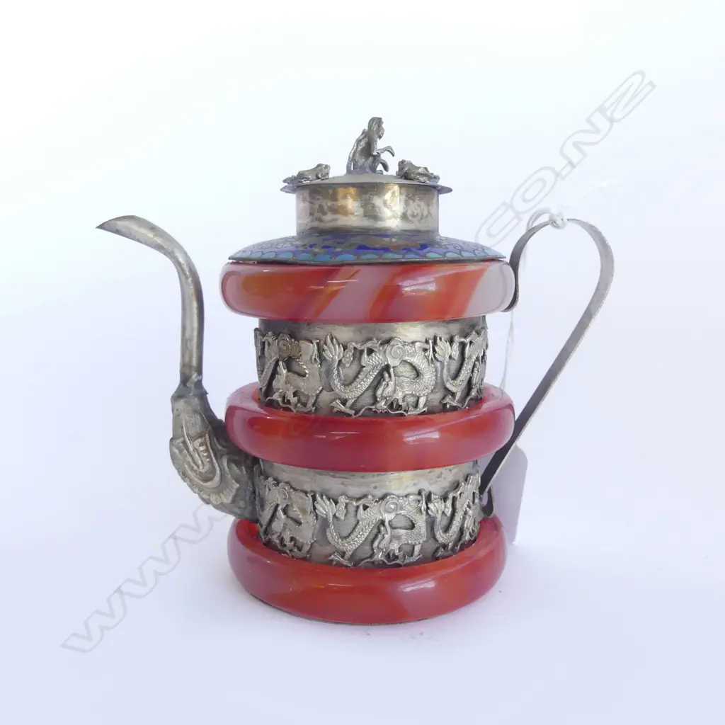 TIBETAN SILVER DRAGON MONKEY TEAPOT, CLOISONNE & AGATE DETAIL, H.120mm Image 1++