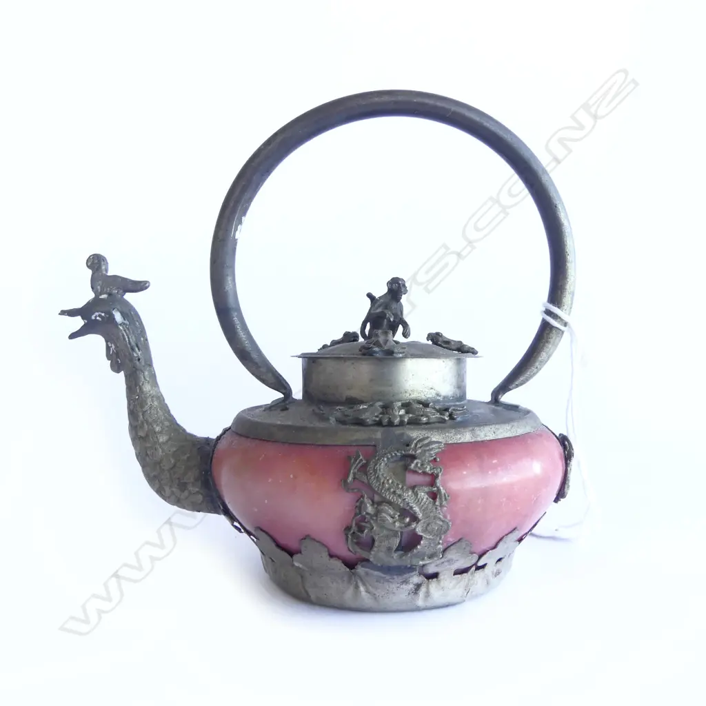 TIBETAN SILVER DRAGON MONKEY TEAPOT, STAMPS TO BASE, H110mm Image 1++