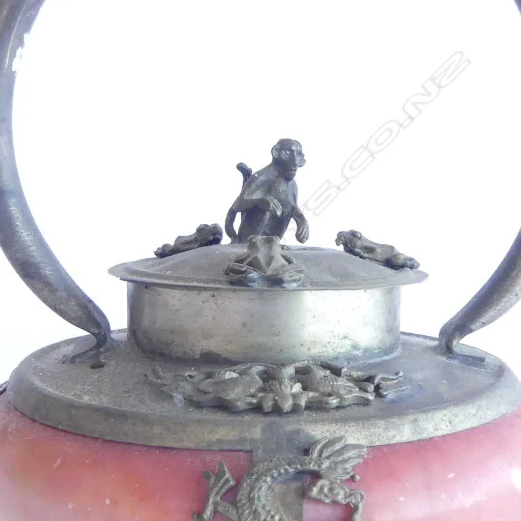 TIBETAN SILVER DRAGON MONKEY TEAPOT, STAMPS TO BASE, H110mm Image 1++