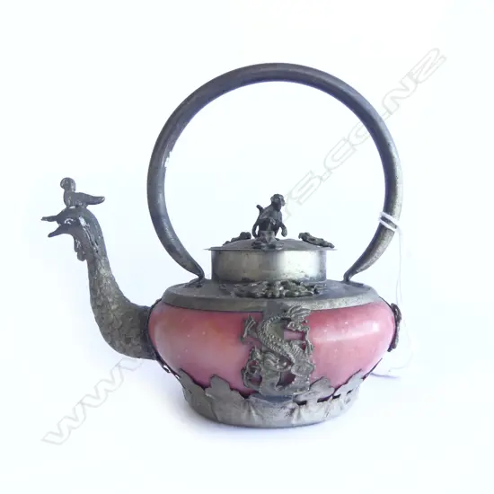TIBETAN SILVER DRAGON MONKEY TEAPOT, STAMPS TO BASE, H110mm