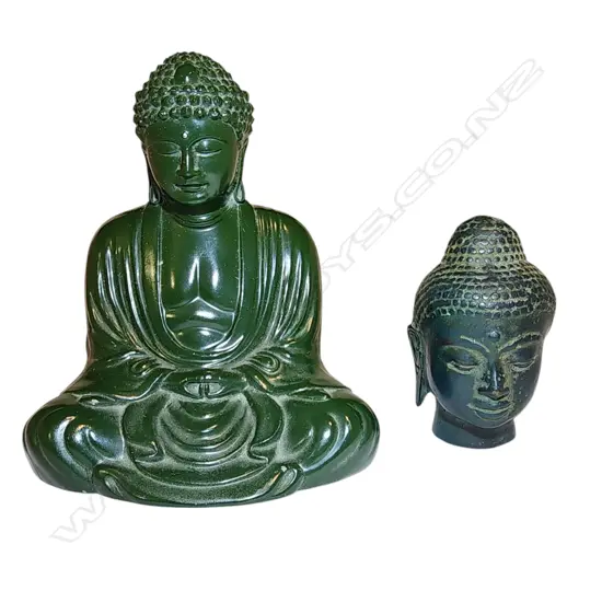 SITTING BUDDHA STATUE JAPANESE GREEN METAL -120mm WITH SHAKYAMUNI STAMPED MARKED AND BUDDHA HEAD H.75mm