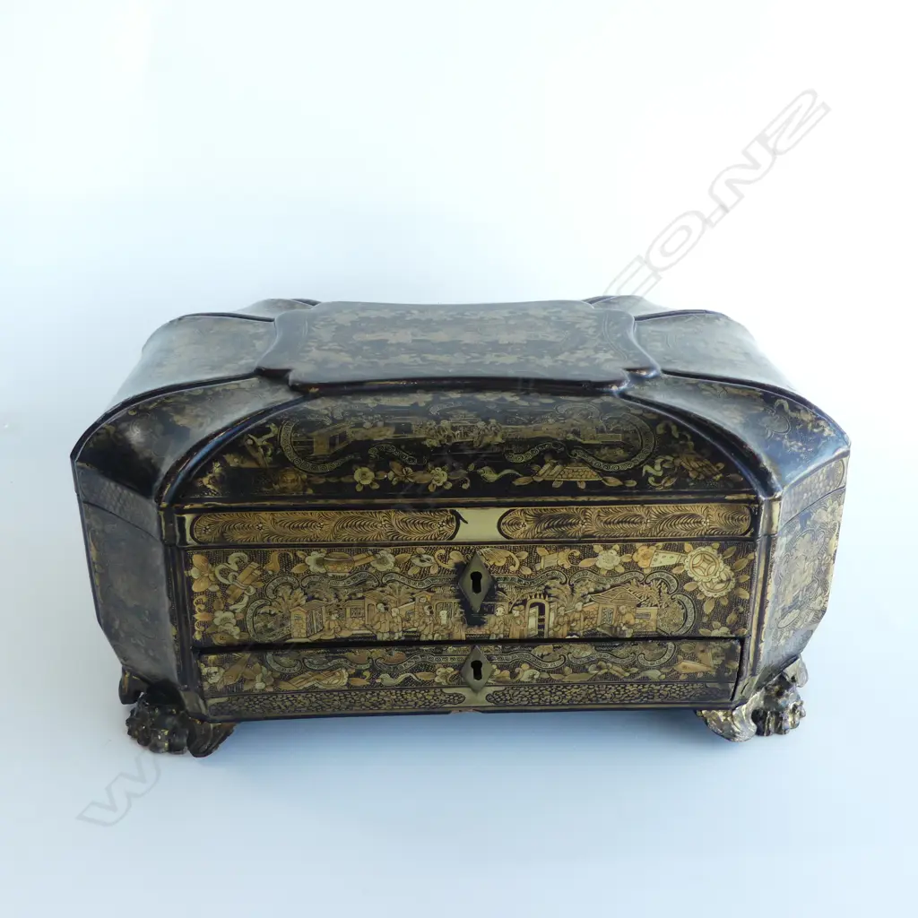 ANTIQUE ORIENTAL LACQUER SEWING BOX W.380mm FAULTS key not working for box Image 1++