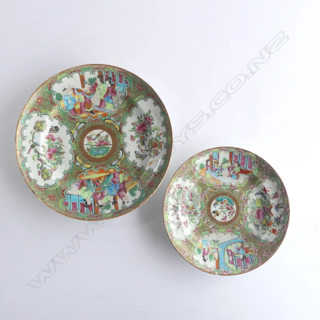 2 19thC Chinese Canton famille rose enamelled PLATES (rim chips) Dia.245mm & 195mm Image 1++