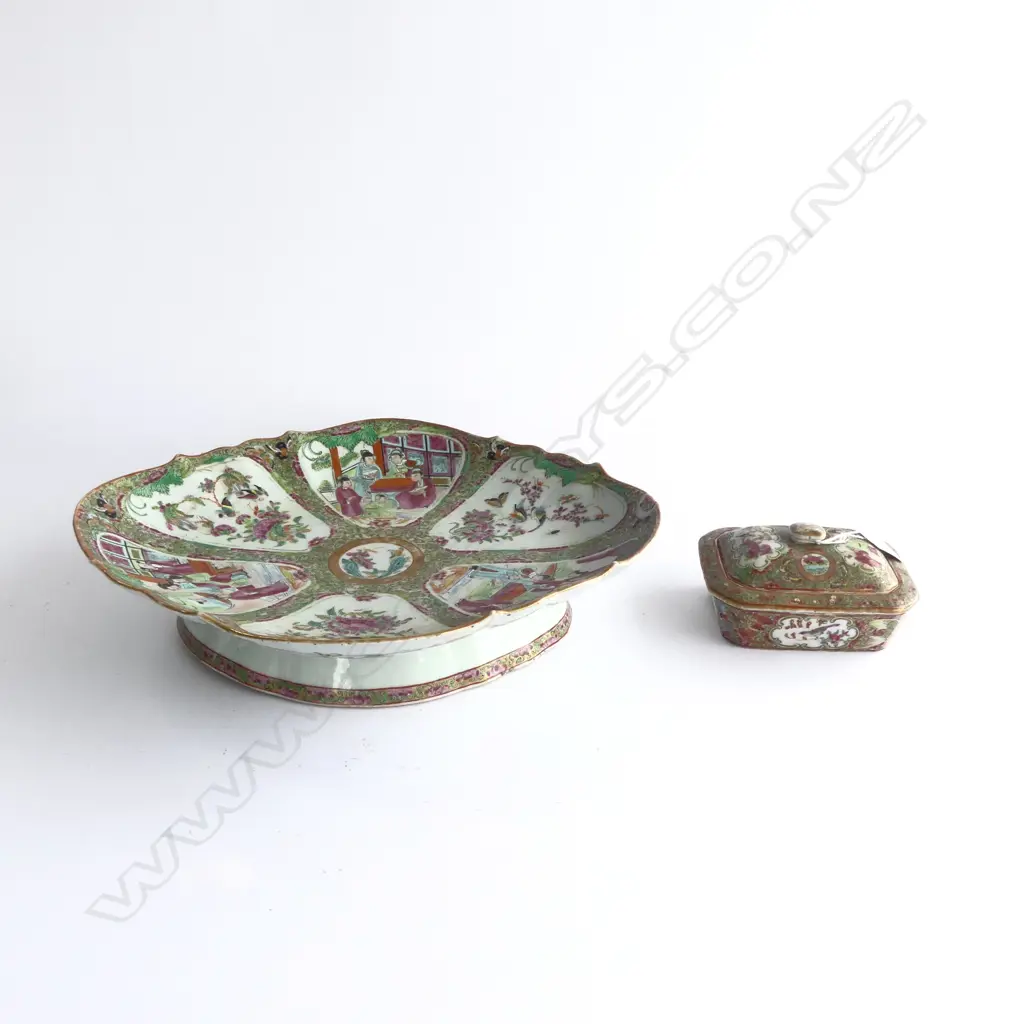 2 x 19thC Chinese Canton famille rose enamelled footed SHALLOW DISH (lge chip) 370mm +  LIDDED SOAP DISH 140 x 110mm Image 1++