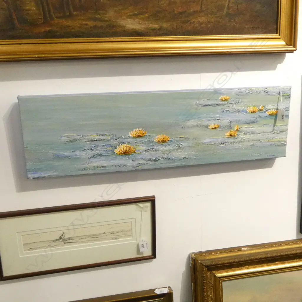 OIL ON CANVAS WATER LILLIES SIGNED ELAINE HOPPING H200 W710MM Image 1++