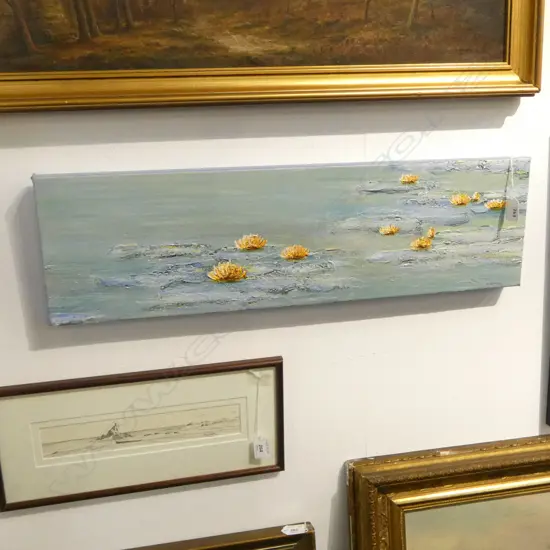 OIL ON CANVAS WATER LILLIES SIGNED ELAINE HOPPING H200 W710MM