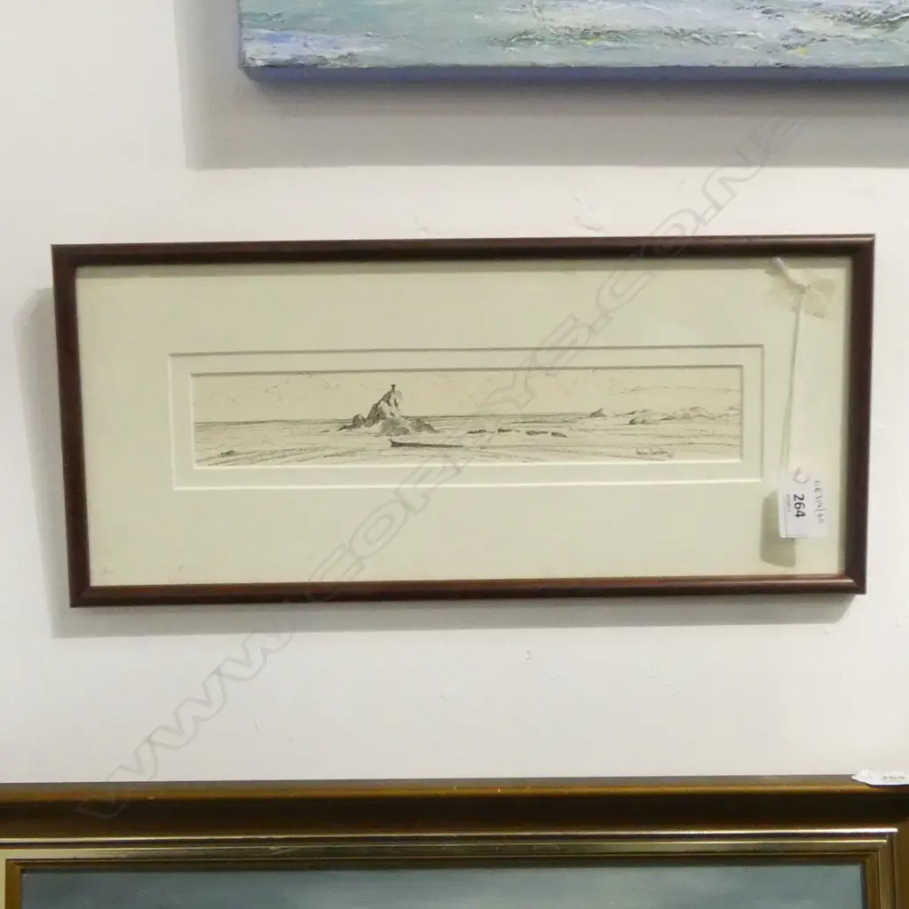 FRAMED INK PEN DRAWING COASTAL SIGNED ANDREW HAMILTON H50 L280MM Image 1++