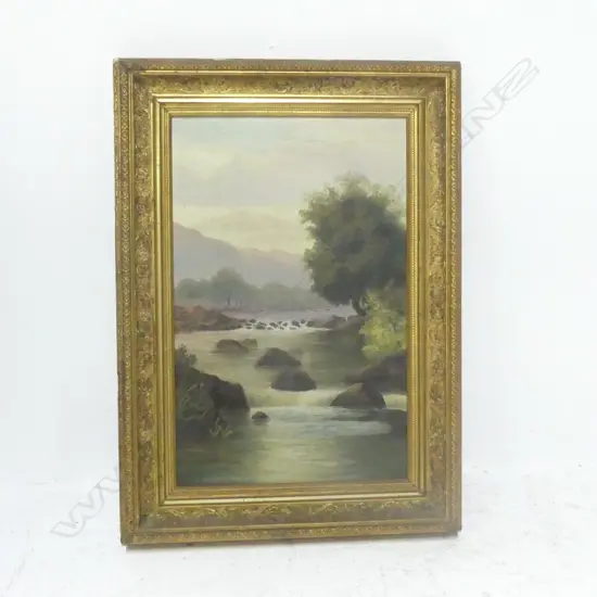 H.W. - MAN FISHING IN MOUNTAIN STREAM, OIL, SIGNED, 600 x 370mm