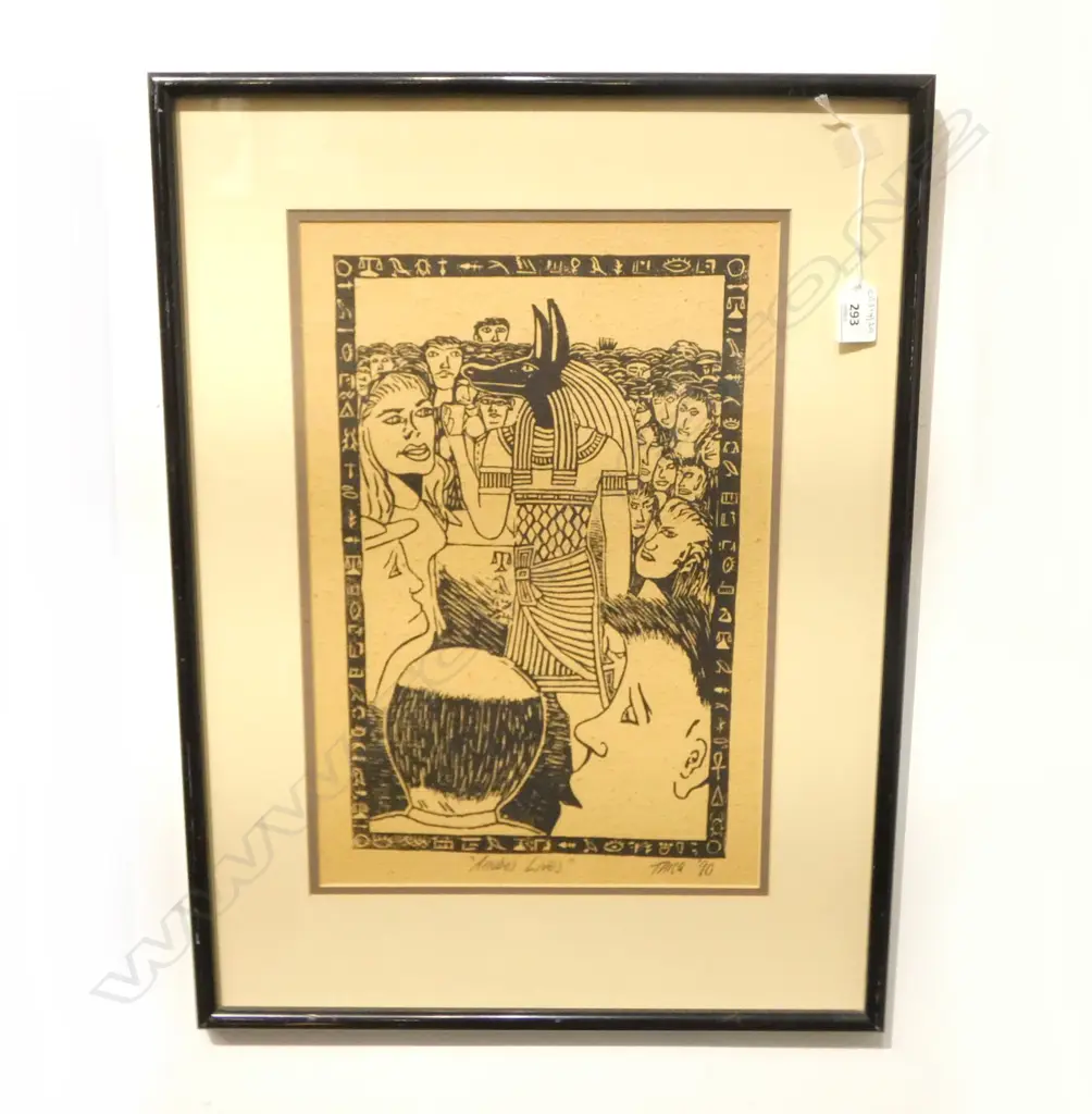 FRAMED WOODBLOCK 'ANUBIS LIVES' SIGNED TARQ H400 W270MM Image 1++