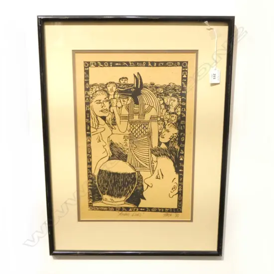 FRAMED WOODBLOCK 'ANUBIS LIVES' SIGNED TARQ H400 W270MM