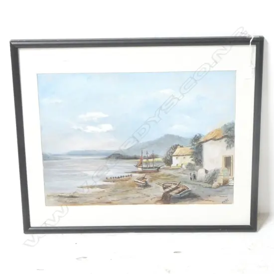 A. H. - ESTUARY AND COTTAGES, WATERCOLOUR, SIGNED, 340 x 470mm