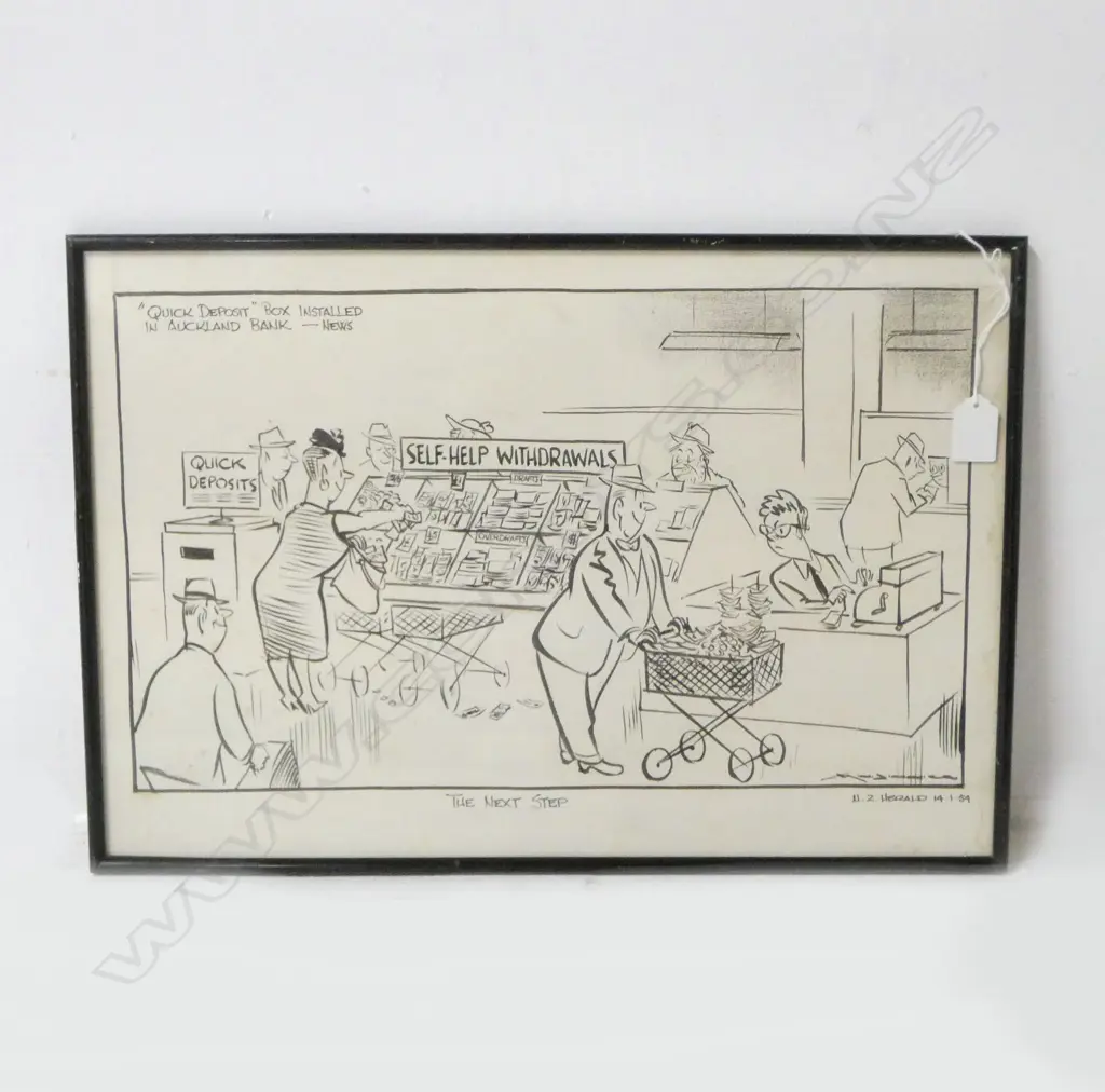 MINHINNICK, GORDON (1902-1992) - THE NEXT STEP (NZ HERALD CARTOON DATED 1959), WORK ON PAPER, DATED, 340 x 500mm Image 1++